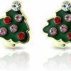 Pierced Owl Body Piercing Studs | Golden Gemstone Embedded Enamel Christmas Tree 316L Surgical Stainless Steel Stud Earrings, Sold As A Pair