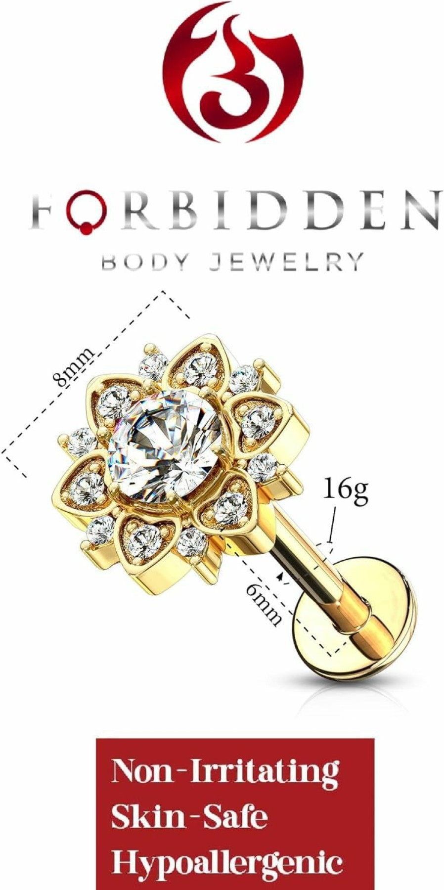 Forbidden Body Jewelry Body Piercing Studs | Forbidden Body Jewelry 16G 6-8Mm Internally Threaded Surgical Steel Stud W/Cz Floral Top For Cartilage, Tragus, Labret & Monroe