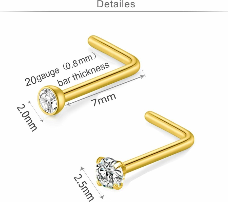 MODRSA Body Piercing Studs | Modrsa Nose Studs 20G 22G Nose Stud L Shaped Diamond Nose Rings Stud For Women Surgical Steel Nose Rings Nose Screw Nose Piercing Stud Flower Heart Nostril Jewelry Silver Rose Gold