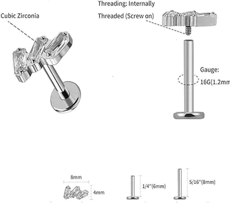 ZETSHION Body Piercing Studs | 16G Geometry Cartilage Earring Cubic Zirconia Titanium Hypoallergenic Internally Threaded Cz Piercing Jewelry Simple Fashion Flat Back Stud Earrings For Tragus Nose Helix Conch Medusa Lip Labret