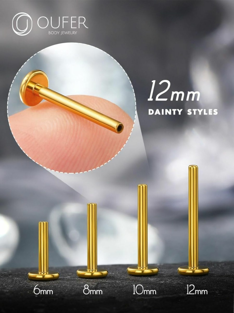 OUFER Body Piercing Studs | Oufer Earring Studs, G23 Solid Titanium 16G Push In Replacement Bar, Flat Back Gold Cartilage Helix Tragus Conch Lobe Lip Piercing Jewelry For Women And Men