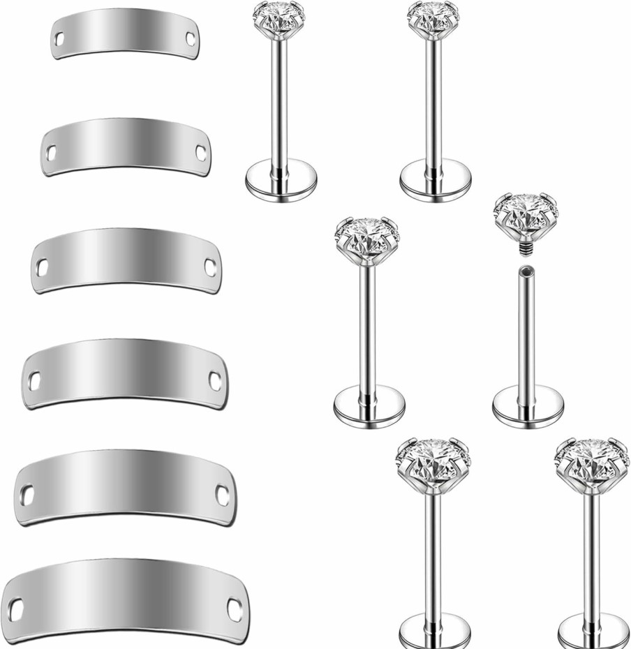 AccGin Body Piercing Studs | Accgin 12Pcs 20G 18G Surgical Steel Across Top Nose Rings Chain For Women Eyebrow Barbell Cubic Zirconia Nose Studs Nostril Chain For Women Men Chain Nose Piercing Jewelry Eyebrow Piercing Jewelry Silver