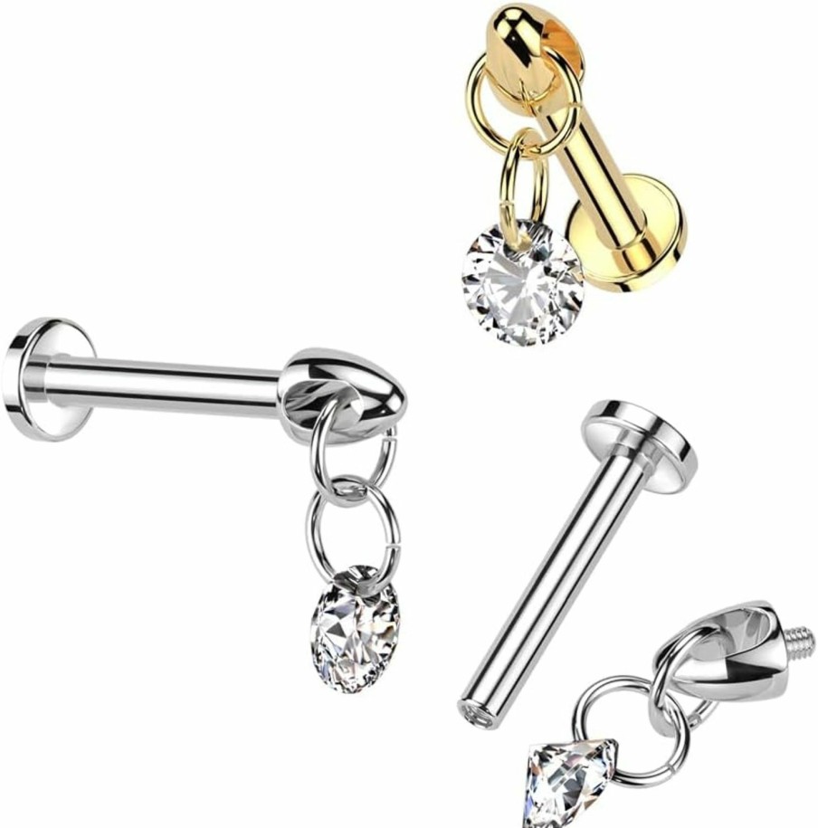 Amelia Fashion Body Piercing Studs | Amelia Fashion 16Ga Implant Grade Titanium Internally Threaded Labret With Cz Dangle Top Choose Lengths 6Mm Or 8Mm