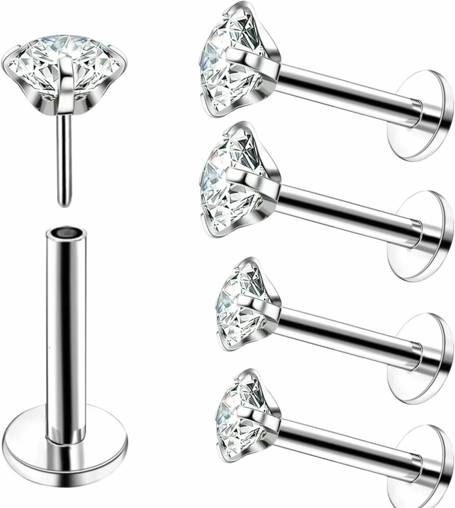 Viallct Body Piercing Studs | Viallct 4Pcs Labret Monroe Lip Rings Titanium Clear Cz Push In Lip Studs Press Fit Threadless Lip Labret Piercing Jewelry Tragus Helix Earrings Studs Nose Ring 18G 20G 3Mm 4Mm Cz