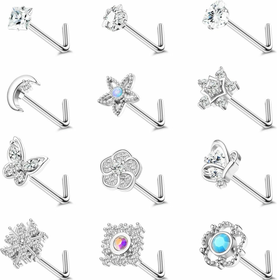 Ubjuliwa Body Piercing Studs | Ubjuliwa 12Pcs 20G Stainless Steel Nose Rings Stud For Women Screw L Shaped Nose Studs Cubic Zirconia Moon Star Snowflake Flower Butterfly Nose Piercing Stud