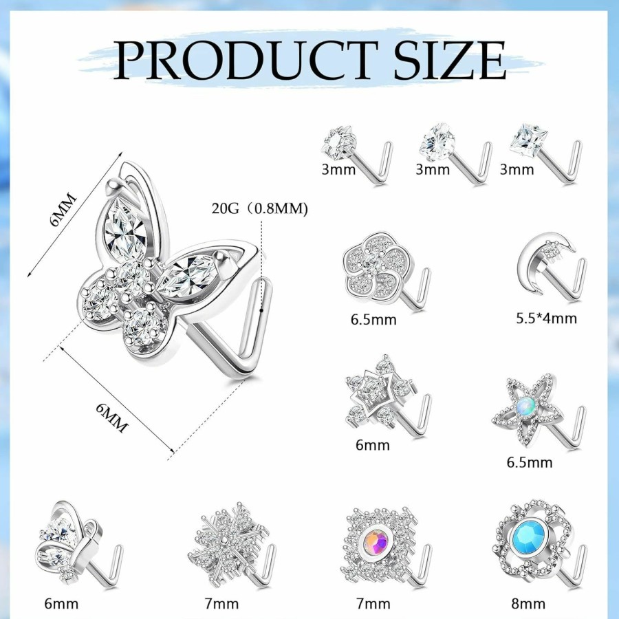 Ubjuliwa Body Piercing Studs | Ubjuliwa 12Pcs 20G Stainless Steel Nose Rings Stud For Women Screw L Shaped Nose Studs Cubic Zirconia Moon Star Snowflake Flower Butterfly Nose Piercing Stud