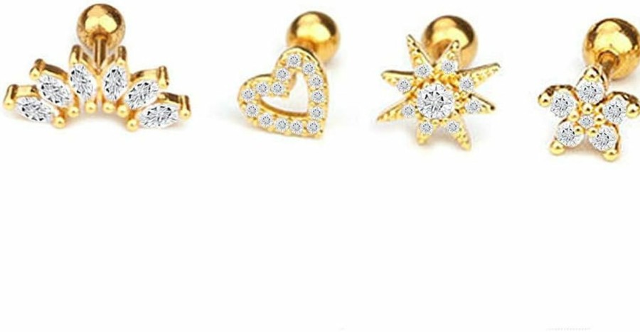 NewZenro Body Piercing Studs | Star Heart Flower 16G Ear Cartilage Helix Surgical Stainless Steel Cubic Zirconia Studs Cartilage Earrings Screw Backs Ear Tragus Auricle Nose Lip Piercing Jewelry Set Gifts For Best Friend