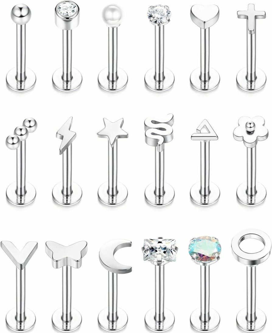 FIBO STEEL Body Piercing Studs | Fibo Steel 18 Pcs 16G Forward Labret Helix Earrings Lip Nose Studs For Women Stainless Steel Tragus Medusa Conch Piercing Lip Jewelry Monroe Piercings Jewelry