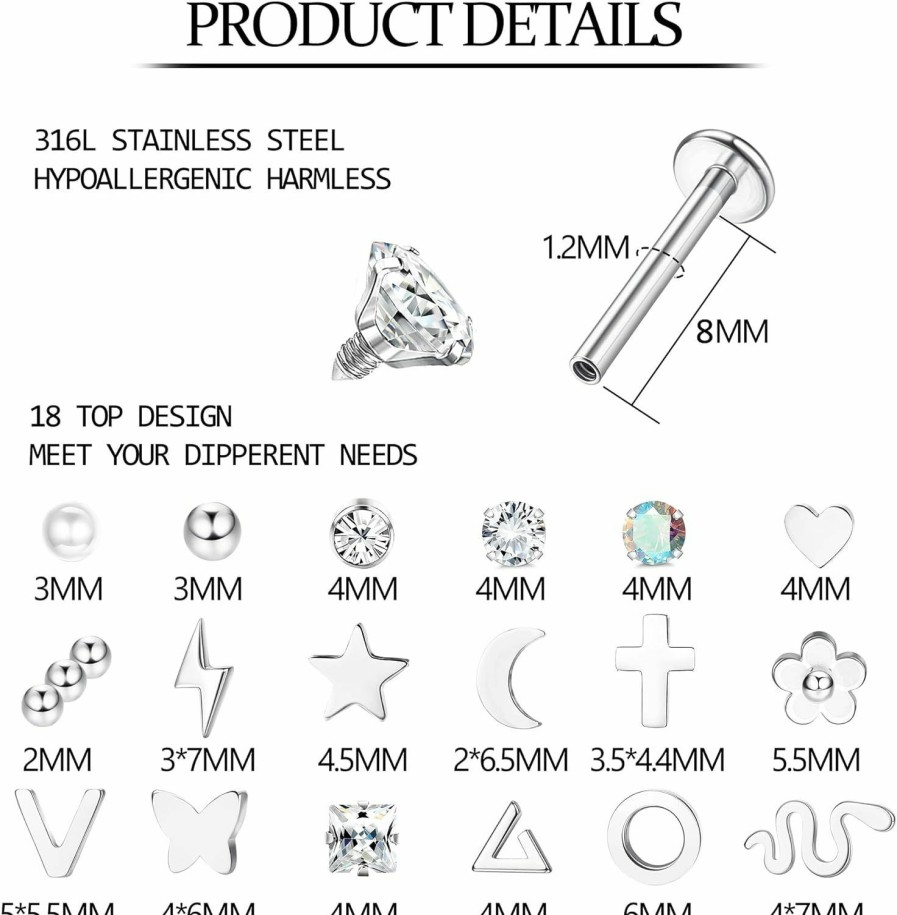 FIBO STEEL Body Piercing Studs | Fibo Steel 18 Pcs 16G Forward Labret Helix Earrings Lip Nose Studs For Women Stainless Steel Tragus Medusa Conch Piercing Lip Jewelry Monroe Piercings Jewelry