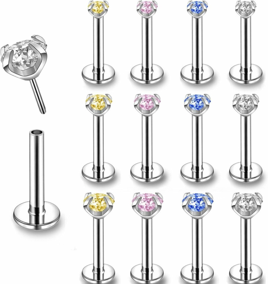 ZS Body Piercing Studs | Zs 16G Stainless Steel Pushin Lip Rings, Colorful Cz Forward Helix Earring, Length 6/8/10Mm Labret Monroe Medusa Piercing Jewelry For Women Men