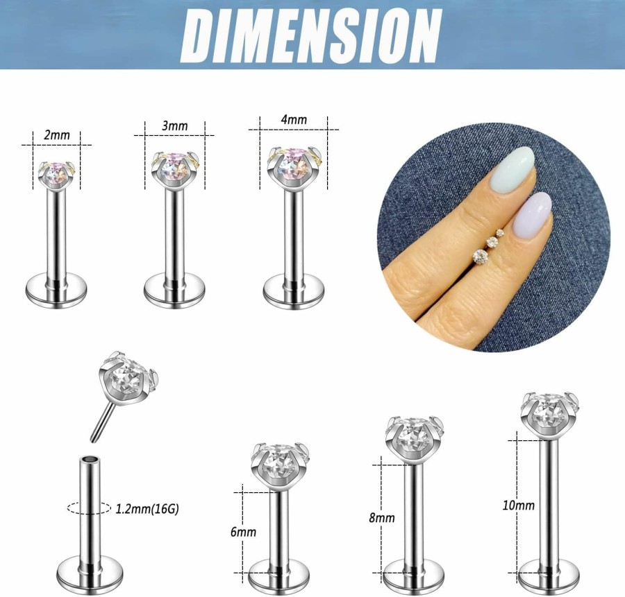 ZS Body Piercing Studs | Zs 16G Stainless Steel Pushin Lip Rings, Colorful Cz Forward Helix Earring, Length 6/8/10Mm Labret Monroe Medusa Piercing Jewelry For Women Men