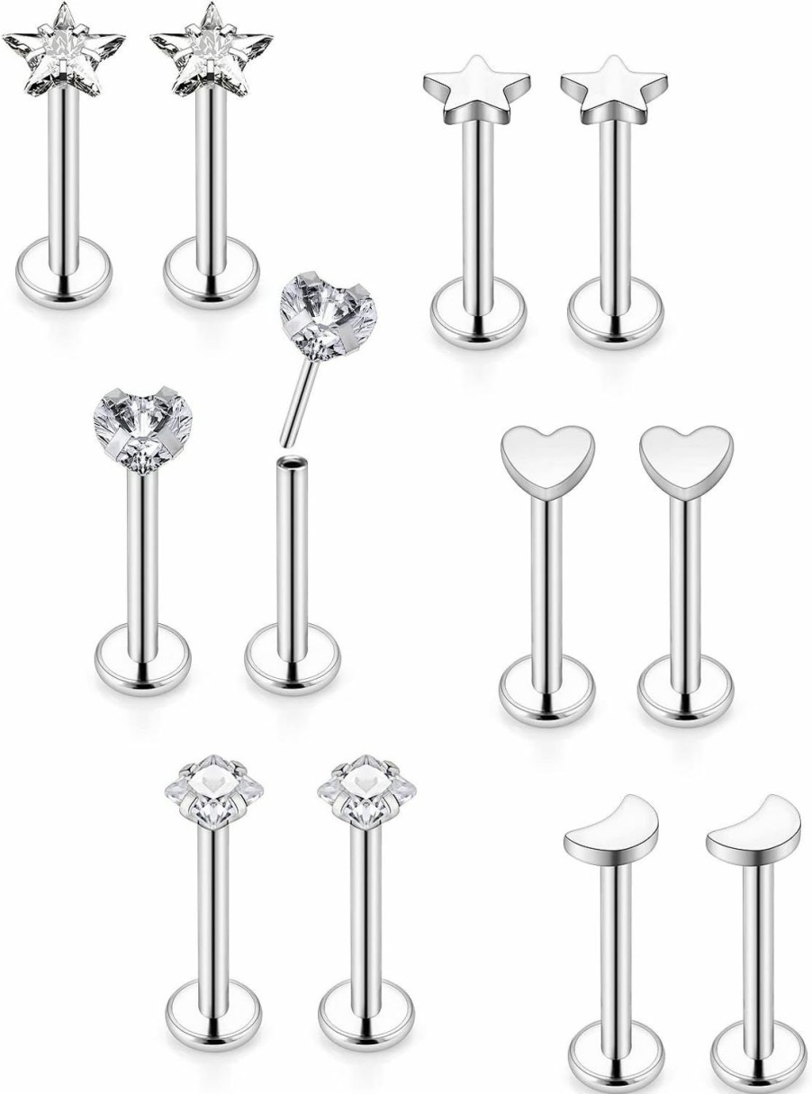 Vsnnsns Body Piercing Studs | Vsnnsns 20G 18G 16G Push In Lip Rings Stainless Surgical Steel Labret Jewelry Monroe Lip Rings Nail Cartilage Tragus Helix Earrings Studs Nose Ring Medusa Piercing Jewelry For Women Men 6 Pairs