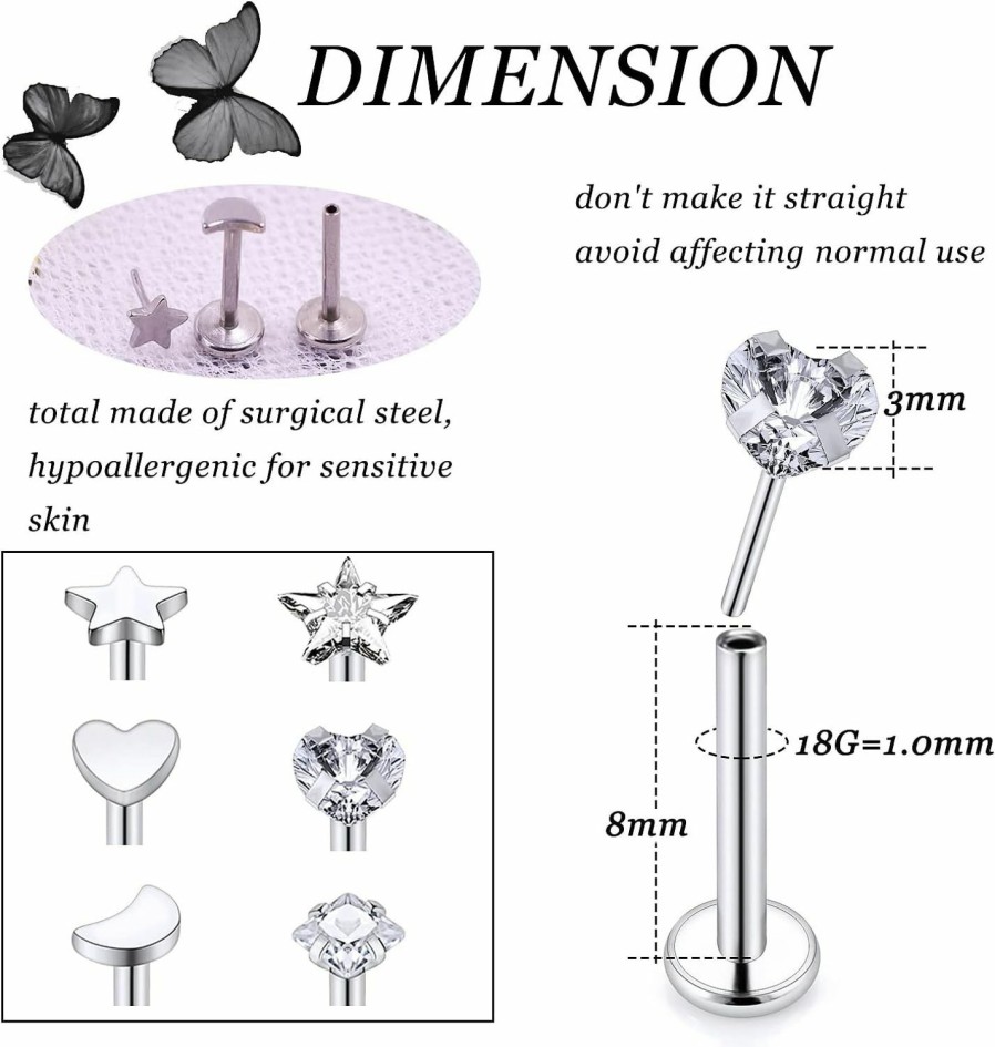 Vsnnsns Body Piercing Studs | Vsnnsns 20G 18G 16G Push In Lip Rings Stainless Surgical Steel Labret Jewelry Monroe Lip Rings Nail Cartilage Tragus Helix Earrings Studs Nose Ring Medusa Piercing Jewelry For Women Men 6 Pairs