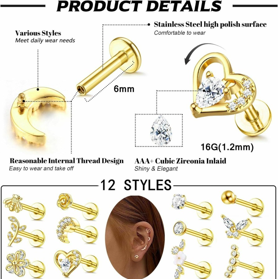 YADOCA Body Piercing Studs | Yadoca 12Pcs 16G Tragus Earrings For Women Cartilage Earring Flat Back Stainless Steel Top Screw Cz Butterfly Bee Flower Moon Heart Flatback Stud Earrings Labret Conch Helix Cartilage Tragus Piercing Jewelry Set