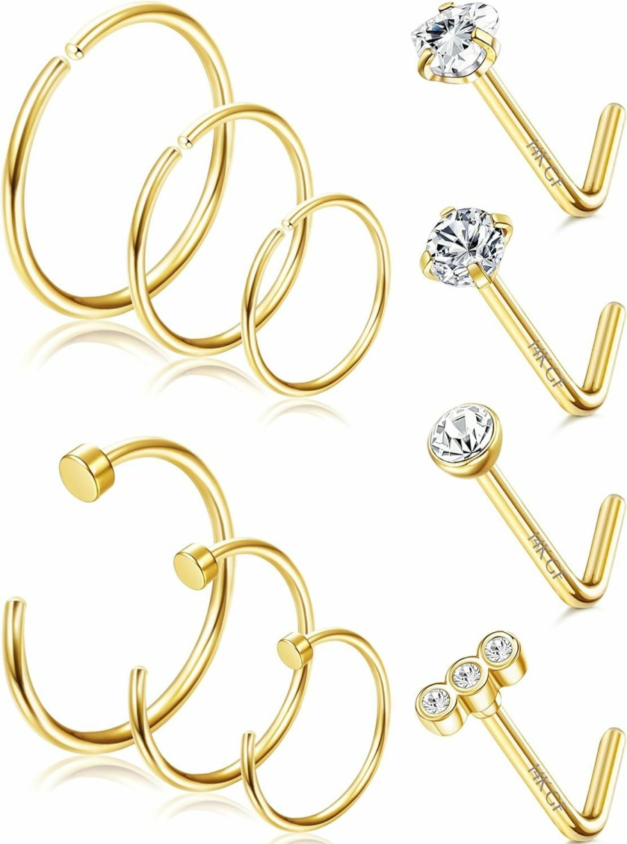 Besteel Body Piercing Studs | Besteel 14K Gold Filled Nose Ring Studs 20G Nose Rings Hoops Stud 316L Stainless Steel Nose Rings Round Cz Heart Simulated Diamond L Shaped Nose Stud Hypoallergenic Nostril Piercing Jewelry For Women Men 10Pcs