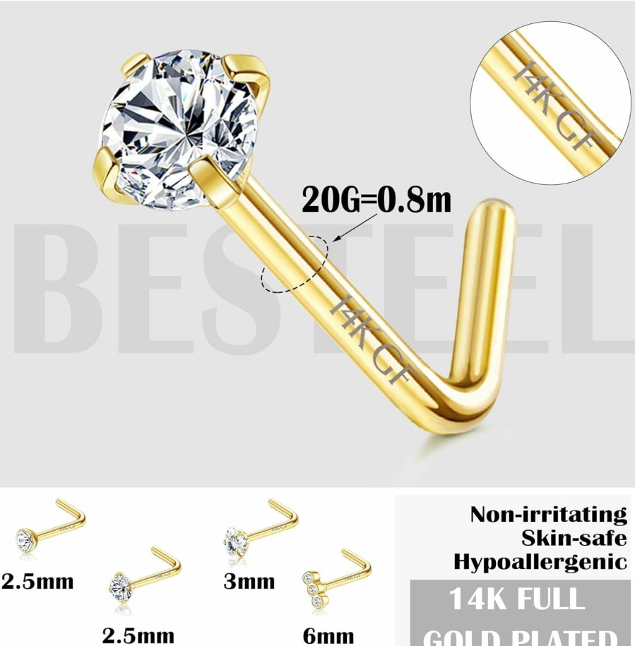 Besteel Body Piercing Studs | Besteel 14K Gold Filled Nose Ring Studs 20G Nose Rings Hoops Stud 316L Stainless Steel Nose Rings Round Cz Heart Simulated Diamond L Shaped Nose Stud Hypoallergenic Nostril Piercing Jewelry For Women Men 10Pcs