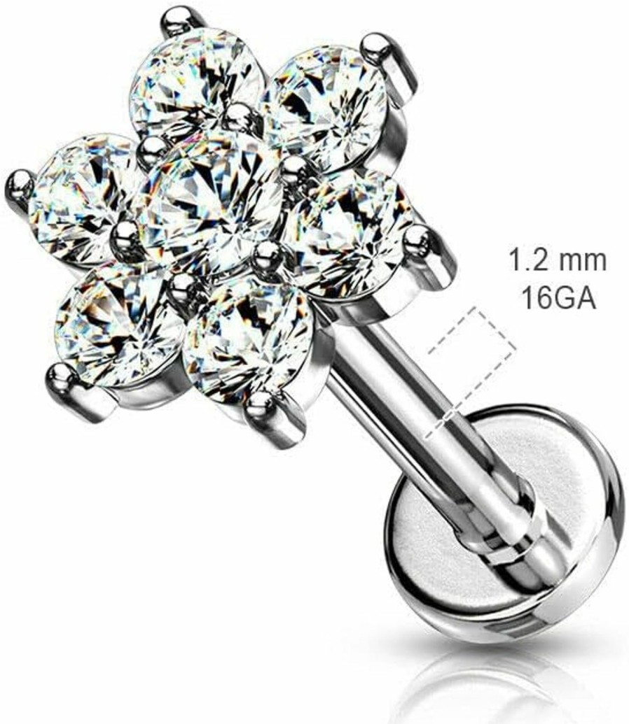 Generic Body Piercing Studs | 6Mm Paved Round Cz Flower Top Lip Labret Conch Tragus Helix Ear Cartilage Studs 16G - Rose Gold