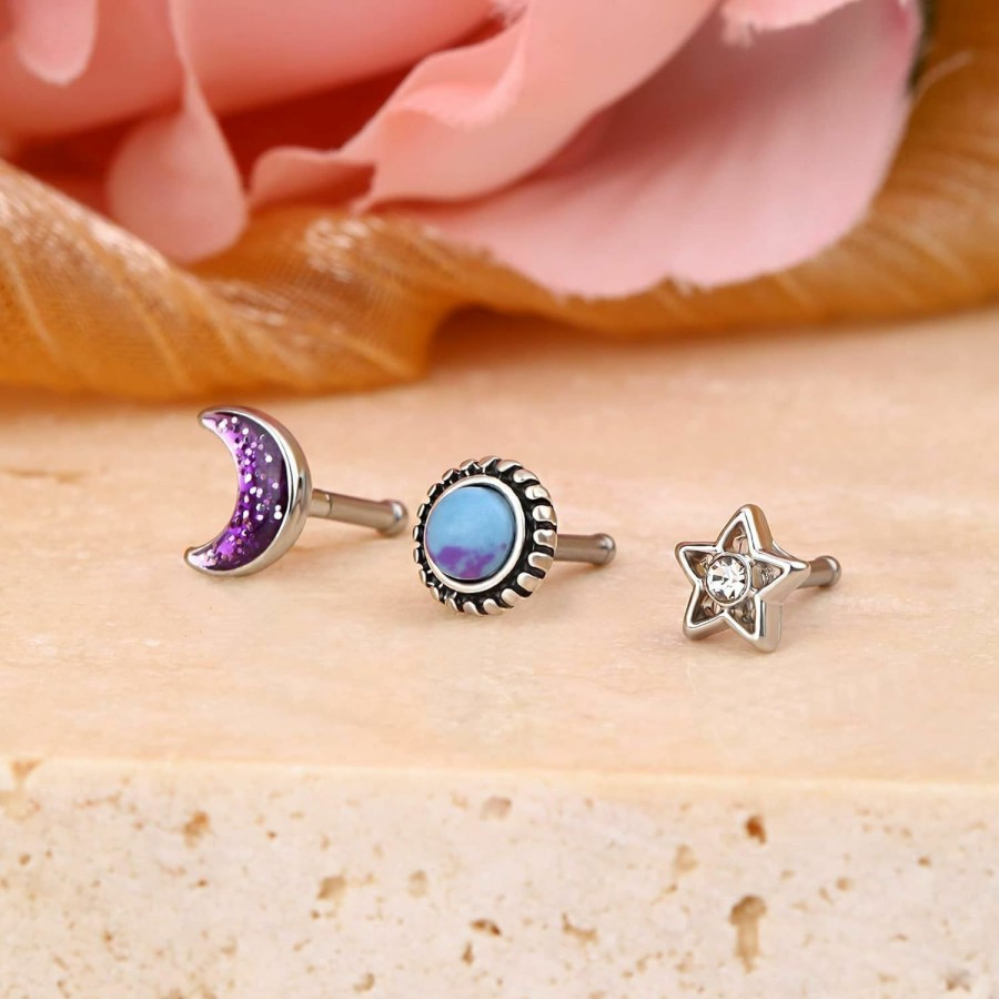 Jewseen Body Piercing Studs | Jewseen Nose Rings Set 3Pcs Moon Star Marble Stone Nose Piercing 18G Stud Rings Body Piercing Jewelry