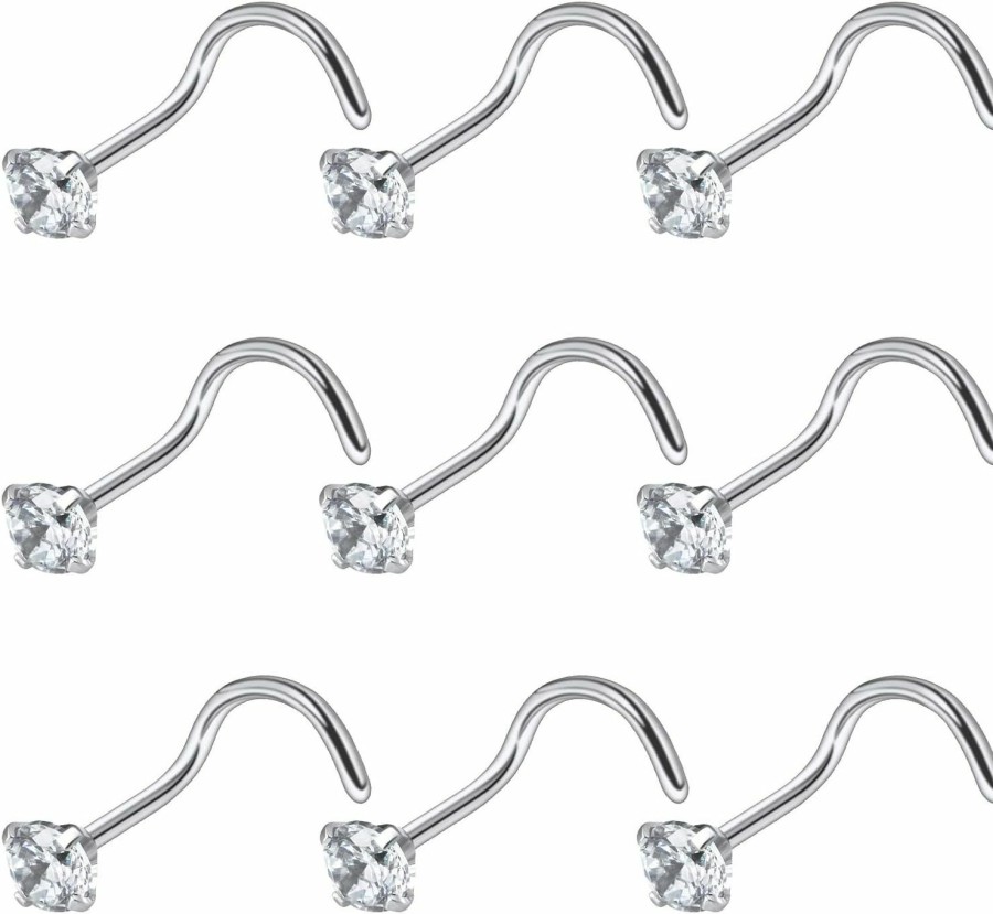 Ocptiy Body Piercing Studs | Ocptiy 18G 20G 22G Hypoallergenic Silver Nose Rings Studs 316L Surgical Steel Screw Straight L Shaped Nose Studs Shiny Cubic Zirconia Nose Nostril Rins Piercing Jewelry For Women Men Cz 1.5Mm 2Mm