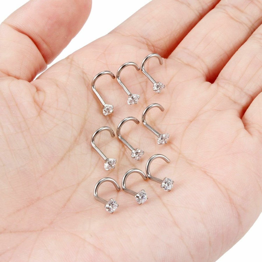 Ocptiy Body Piercing Studs | Ocptiy 18G 20G 22G Hypoallergenic Silver Nose Rings Studs 316L Surgical Steel Screw Straight L Shaped Nose Studs Shiny Cubic Zirconia Nose Nostril Rins Piercing Jewelry For Women Men Cz 1.5Mm 2Mm