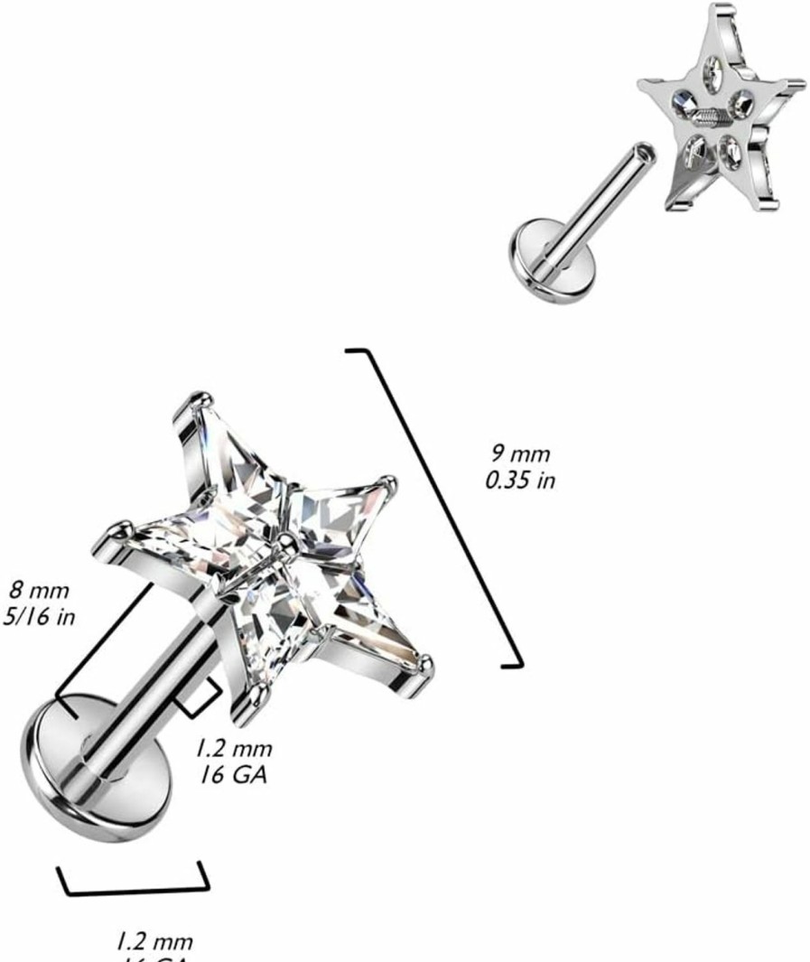 Pierced Owl Body Piercing Studs | Pierced Owl 16Ga F136 Implant Grade Titanium Internally Threaded Cz Crystal Star Top Labret Stud