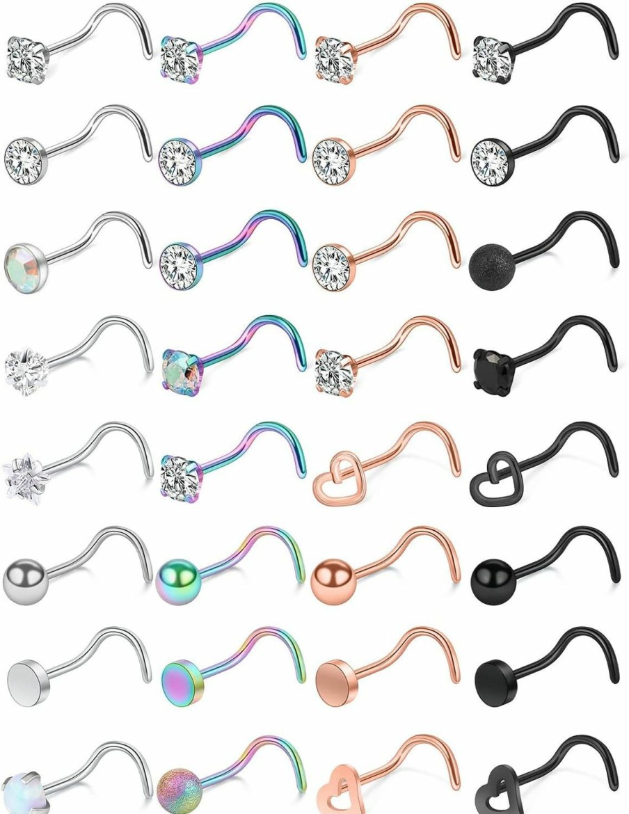 Ocptiy Body Piercing Studs | Ocptiy 18G 20G 22G Hypoallergenic Nose Rings Studs 316L Surgical Steel L Shaped Screw Spiral Style Nose Piercing Jewelry For Women Men Silver Rose Gold Black Colorful