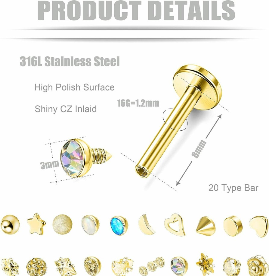 Subiceto Body Piercing Studs | Subiceto 16G Stainless Steel Forward Helix Monroe Labret Lip Nose Studs For Men Women Tragus Cartilage Stud Earrings Cz Balls Heart Flower Medusa Piercings 20 Pcs