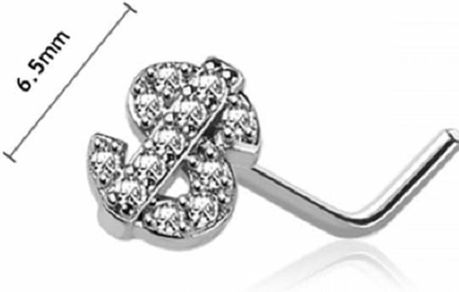 Pierced Owl Body Piercing Studs | Pierced Owl 20Ga Cz Crystal Paved Dollar Sign Top L-Bend Nose Stud