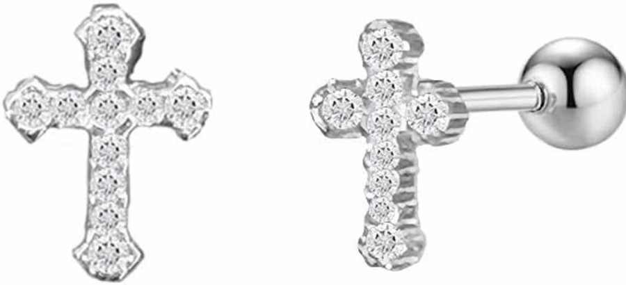 ZETSHION Body Piercing Studs | Cz Cross 20G Barbell Ball Stud Sterling Silver Earrings For Women Girls Cubic Zirconia Tiny Small Studs Cartilage Tragus 4Mm Bead Screw Back Hypoallergenic Thin Faux Piercing Body (Silver) 1