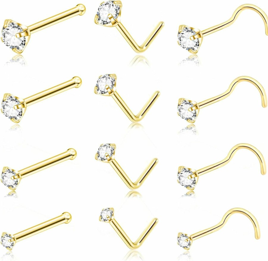 DAILI Body Piercing Studs | Daili 20G Gold Nose Rings Studs: Surgical Steel L Shaped Nose Studs Hypoallergenic Corkscrew Nose Rings Tiny Cz Bone Zircon Nose Stud Set For Women Men (12Pcs)