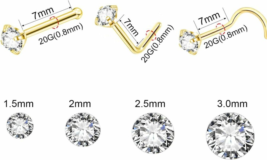 DAILI Body Piercing Studs | Daili 20G Gold Nose Rings Studs: Surgical Steel L Shaped Nose Studs Hypoallergenic Corkscrew Nose Rings Tiny Cz Bone Zircon Nose Stud Set For Women Men (12Pcs)