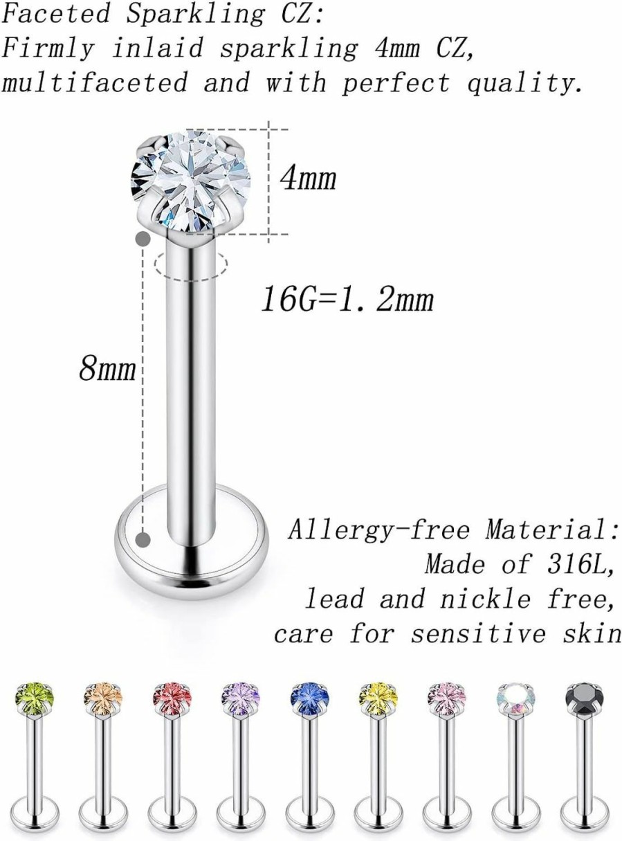 Xnsjeyy Body Piercing Studs | Xnsjeyy 16G Lip Rings For Women Stainless Steel Lip Studs Medusa Labret Monroe Lip Rings Piercing Tragus Helix Cartilage Forward Earring Piercing Jewelry For Women 2Mm 3Mm 4Mm Cz Silver 10Pcs 6-10Mm