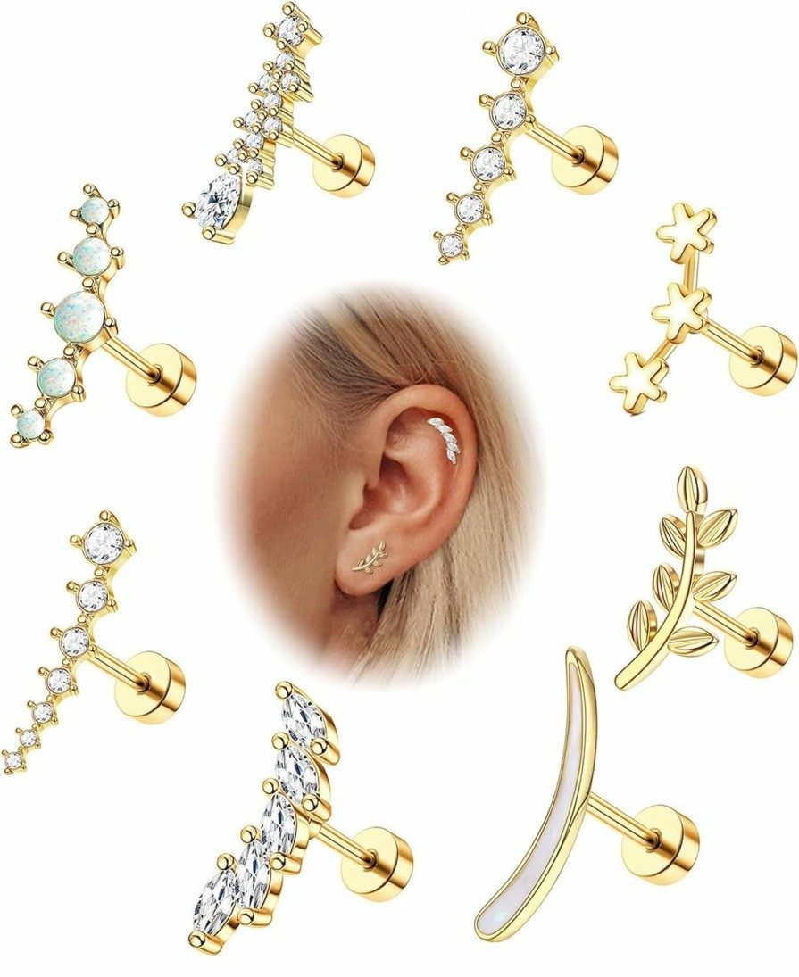 Jstyle Body Piercing Studs | Jstyle 8 Pcs 16G 316L Stainless Steel Cartilage Stud Earring Set For Women Girls Opal Cz Leaf Bar Flat Screw Back Conch Helix Daith Piercing Jewelry