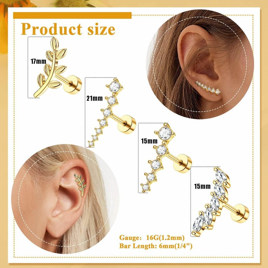 Jstyle Body Piercing Studs | Jstyle 8 Pcs 16G 316L Stainless Steel Cartilage Stud Earring Set For Women Girls Opal Cz Leaf Bar Flat Screw Back Conch Helix Daith Piercing Jewelry