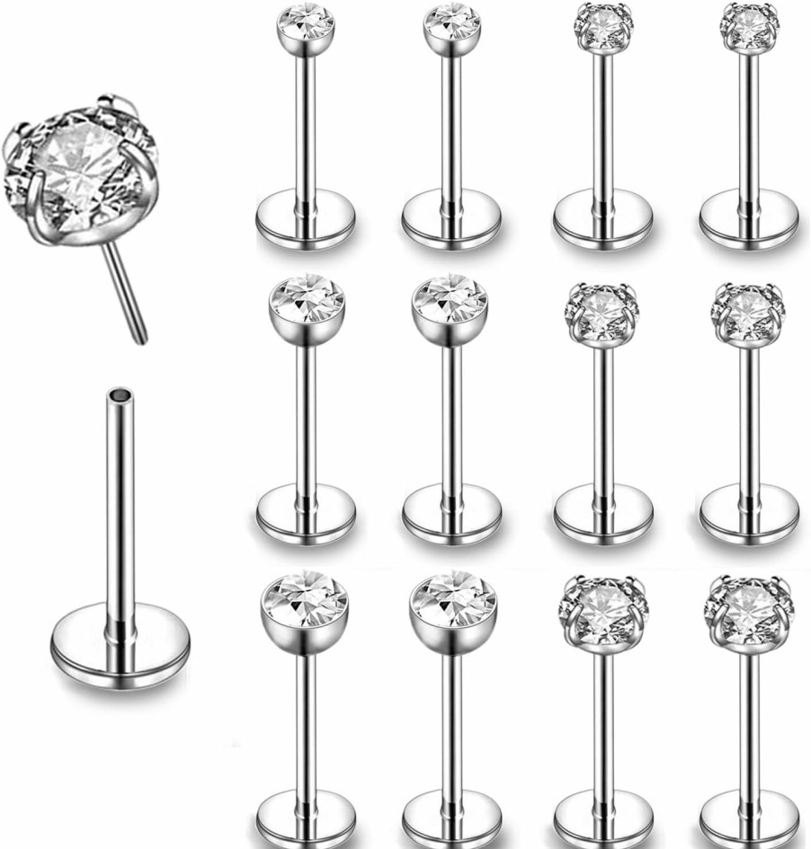 ZS Body Piercing Studs | Zs 12Pcs 16G Pushin Lip Rings, Stainless Steel Medusa Piercing Jewelry, 2Mm 3Mm 4Mm Cz Forward Helix Earring, Labret Monroe Piercing Jewelry For Women Men