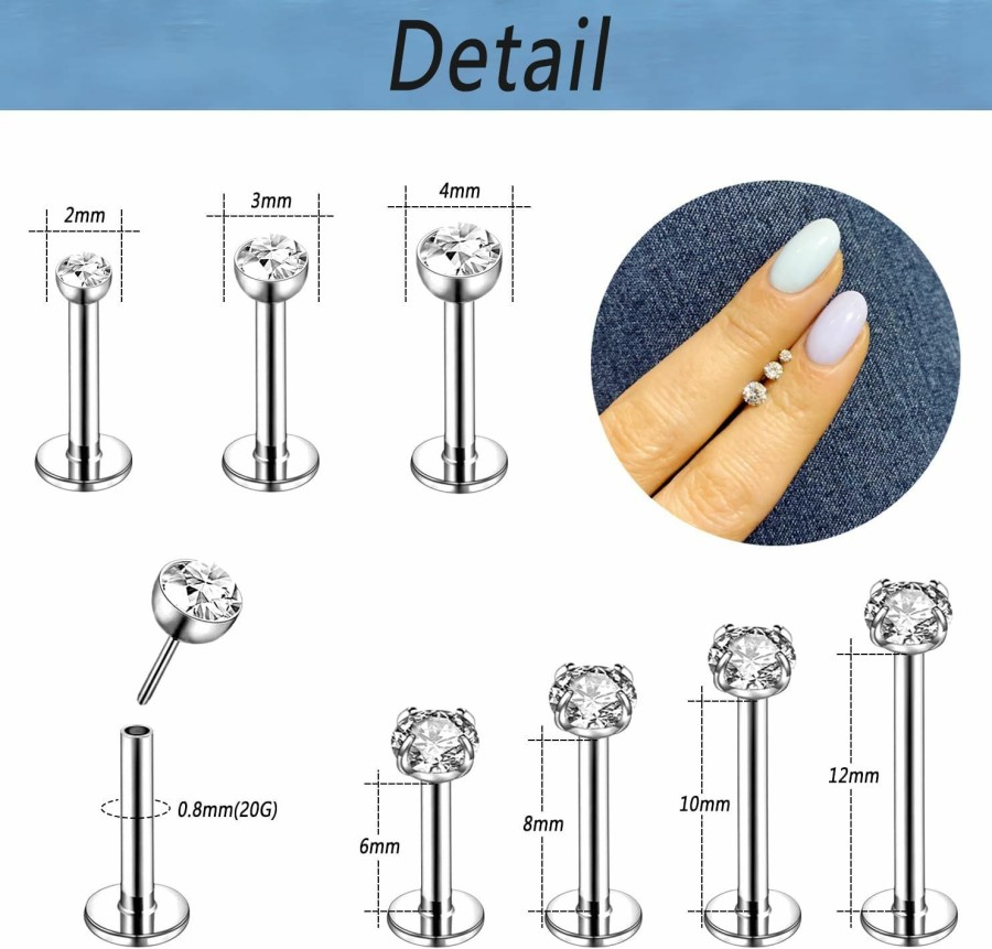 ZS Body Piercing Studs | Zs 12Pcs 16G Pushin Lip Rings, Stainless Steel Medusa Piercing Jewelry, 2Mm 3Mm 4Mm Cz Forward Helix Earring, Labret Monroe Piercing Jewelry For Women Men