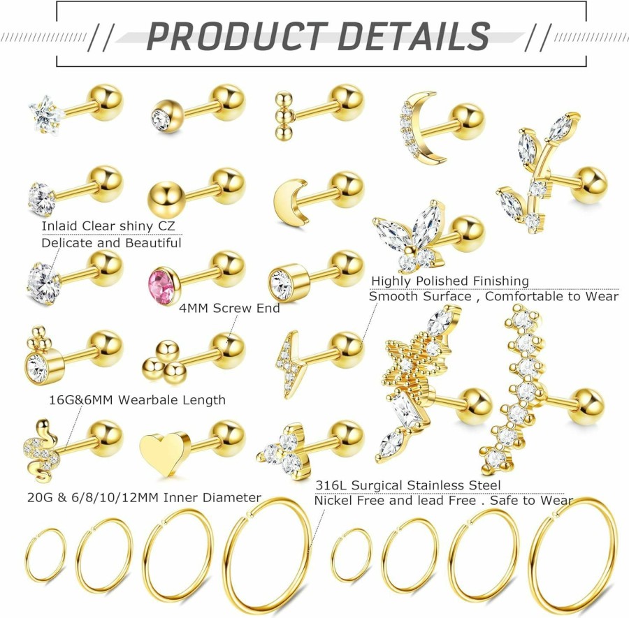 Besteel Body Piercing Studs | Besteel 28 Pcs 16G Cartilage Earring Stud Hoop For Women Tragus Stud Earring Cartilage Piercing Jewelry Surgical Steel Forward Helix Earrings Hoop Rook Daith Conch Piercing Jewelry