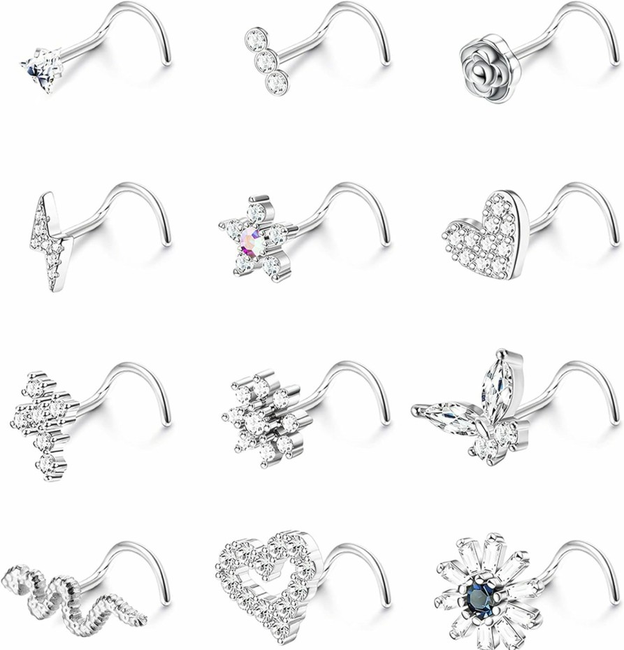 YADOCA Body Piercing Studs | Yadoca 12 Pcs 20G Nose Studs Surgical Steel L Shaped Nose Rings Studs For Women Men Cz Heart Butterfly Flower Snake Nose Piercing Jewelry