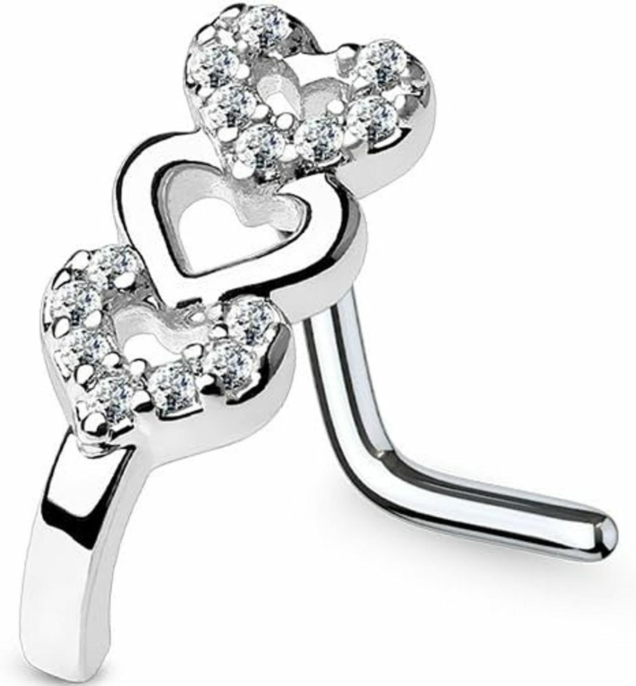 Dynamique Galerie Body Piercing Studs | Dynamique Cz Paved Triple Heart Nose Crawlers 316L Surgical Steel L Bend Nose Stud Ring (Sold Per Piece)