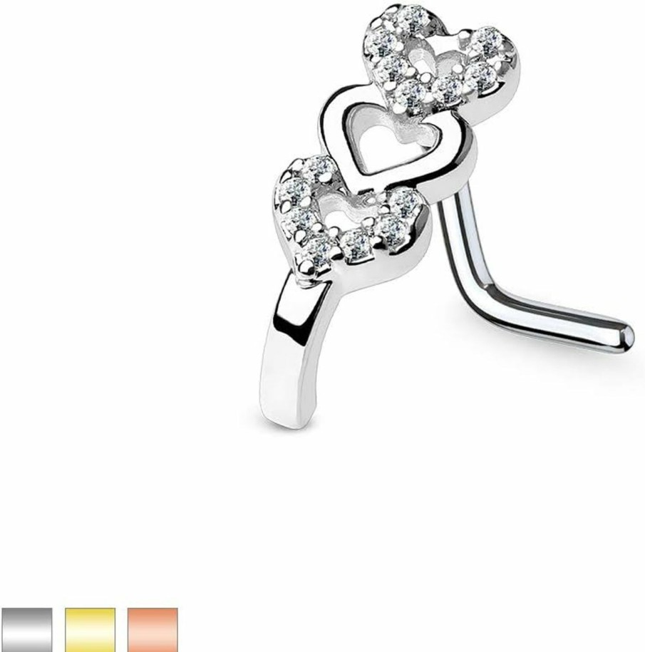 Dynamique Galerie Body Piercing Studs | Dynamique Cz Paved Triple Heart Nose Crawlers 316L Surgical Steel L Bend Nose Stud Ring (Sold Per Piece)