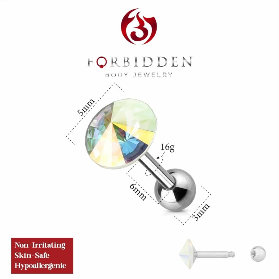 Forbidden Body Jewelry Body Piercing Studs | Forbidden Body Jewelry 16G 316L Surgical Steel 1/4\" (6Mm) Cartilage Or Tragus Piercing Aurora Borealis Crystal Stud Barbell