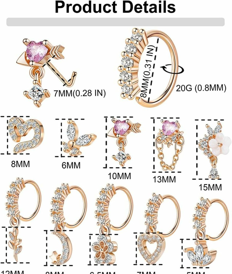 Vegolita Body Piercing Studs | Vegolita 15Pcs 20G 316L Stainless Steel Dangle Nose Rings Hoop For Women Girls L Shape Nose Stud Cz Heart Flower Butterfly Nose Rings Piercing Jewelry