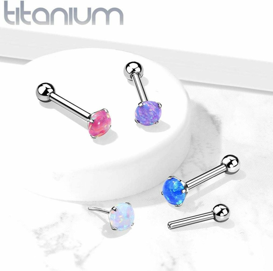 Amelia Fashion Body Piercing Studs | Amelia Fashion 16Ga Implant Grade Titanium Threadless Push-In Cartilage Barbell With Claw Set Opal (Choose Color)