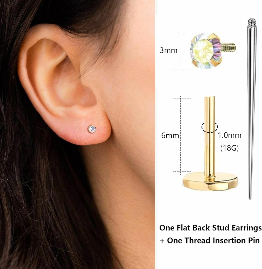 KASFREE Body Piercing Studs | Kasfree Sterling Silver Earrings Flat Back Stud Earrings 16G Flat Back Earrings For Cartilage Flat Back Studs Threaded Earrings For Women (Cz-3Mm)