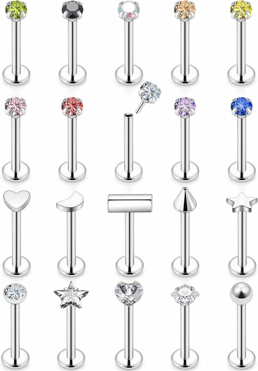 Vsnnsns Body Piercing Studs | Vsnnsns 20G 18G 16G Push In Lip Rings Stainless Surgical Steel Labret Jewelry Monroe Lip Rings Nail Cartilage Tragus Helix Earrings Studs Nose Ring Medusa Piercing Jewelry For Women Men Cz 20Pcs