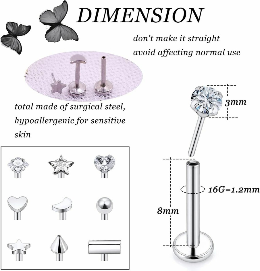 Vsnnsns Body Piercing Studs | Vsnnsns 20G 18G 16G Push In Lip Rings Stainless Surgical Steel Labret Jewelry Monroe Lip Rings Nail Cartilage Tragus Helix Earrings Studs Nose Ring Medusa Piercing Jewelry For Women Men Cz 20Pcs