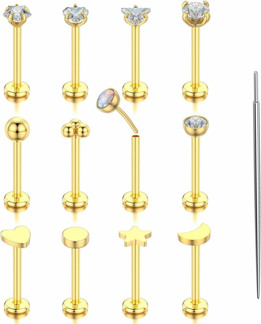 TOPBRIGHT Body Piercing Studs | Topbright 12Pcs 16G Flat Back Earrings 316L Surgical Steel Threadless Tragus Cartilage Nose Stud Push Pin Lip Stud Rings Medusa Piercing Jewelry Hypoallergenic Gold For Women Men