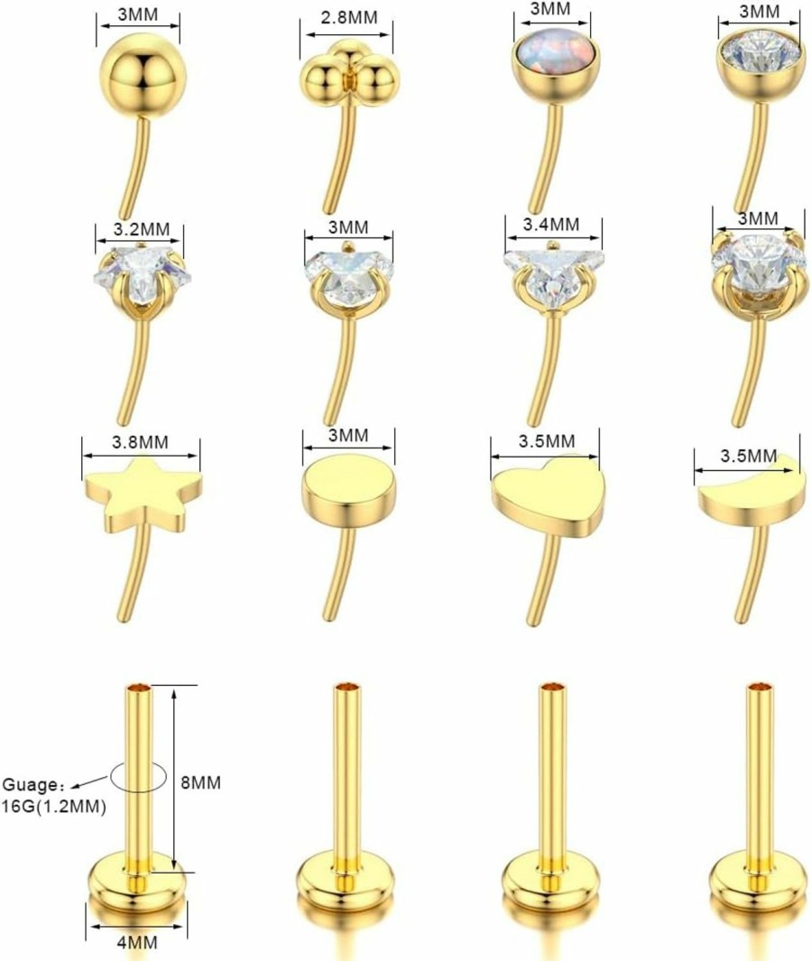 TOPBRIGHT Body Piercing Studs | Topbright 12Pcs 16G Flat Back Earrings 316L Surgical Steel Threadless Tragus Cartilage Nose Stud Push Pin Lip Stud Rings Medusa Piercing Jewelry Hypoallergenic Gold For Women Men