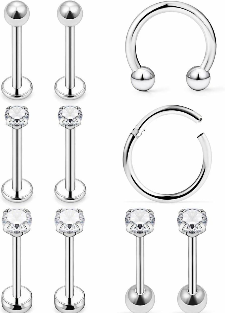 Lcolyoli Body Piercing Studs | Lcolyoli 10Pcs Tragus Earring Stud 16G 18G Surgical Steel & Clear Diamond Cz Conch Helix Cartilage Barbell Piercing Jewelry For Women Girls 6Mm