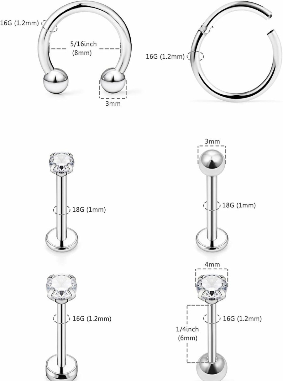 Lcolyoli Body Piercing Studs | Lcolyoli 10Pcs Tragus Earring Stud 16G 18G Surgical Steel & Clear Diamond Cz Conch Helix Cartilage Barbell Piercing Jewelry For Women Girls 6Mm